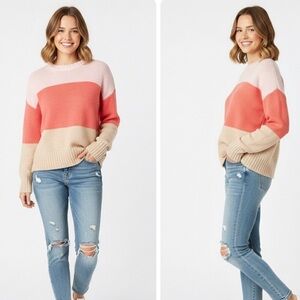 AE Colorblock Crewneck Sweater Soft Cozy Pastel Pink Coral Beige Knit Size S